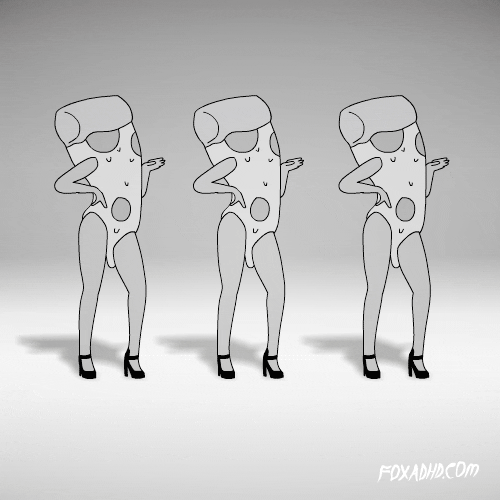 Pizzas animadas con tacones y bailando