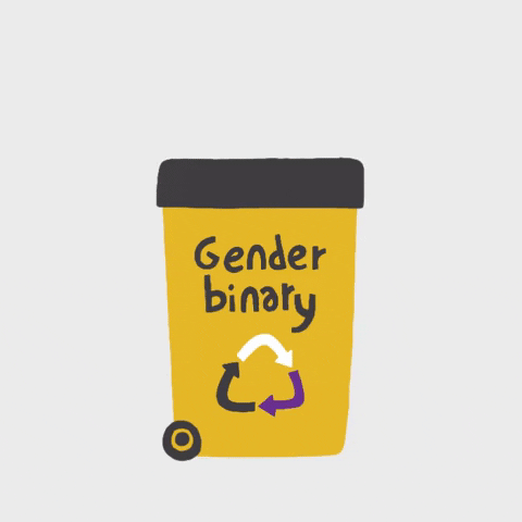 Bote de basura que dice género binario