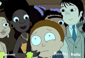 Personas peleándose por Morty de la serie Rick&Morty