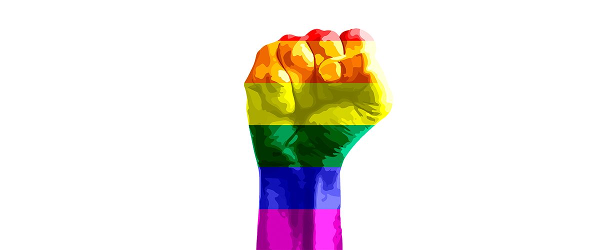 bandera LGBT con un puño